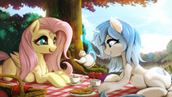 Size: 3200x1800 | Tagged: safe, artist:fidzfox, fluttershy, oc, pegasus, pony, unicorn, basket, commission, duo, female, food, magic, mare, picnic, picnic basket, picnic blanket, plate, prone, scenery, smiling, telekinesis, tree