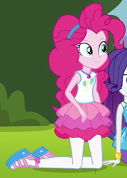 Size: 374x521 | Tagged: safe, screencap, pinkie pie, rarity, better together, equestria girls, forgotten friendship, cropped, female, geode of sugar bombs, magical geodes, offscreen character, smiling