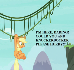 Size: 768x720 | Tagged: safe, edit, edited screencap, screencap, applejack, earth pony, pony, non-compete clause, bridge, cropped, implied daring do, implied knuckerbocker, text, vine