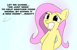 Size: 1300x850 | Tagged: safe, artist:hoodie-stalker, fluttershy, pegasus, pony, cute, dialogue, hooves behind back, offscreen character, sheepish grin, shyabetes, solo