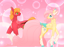 Size: 1280x940 | Tagged: safe, artist:geekyshittydrawer, big macintosh, fluttershy, earth pony, pegasus, pony, abstract background, alternate cutie mark, alternate design, bubble, cloven hooves, colored hooves, colored pupils, colored wings, feathered fetlocks, female, fluttermac, freckles, huge tail, looking at each other, male, mare, shipping, shoulder freckles, socks (coat marking), stallion, straight, tail feathers, wavy mouth