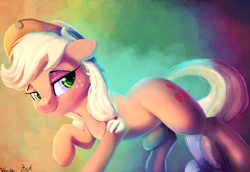 Size: 2000x1377 | Tagged: safe, artist:discorded, artist:vanillaghosties, applejack, earth pony, pony, collaboration, abstract background, bedroom eyes, cowboy hat, cute, featured on derpibooru, female, floppy ears, freckles, hat, jackabetes, lidded eyes, looking at you, mare, misleading thumbnail, not what it looks like, raised hoof, raised leg, signature, smiling, smirk, smug, smugjack, solo, stetson