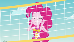 Size: 1920x1080 | Tagged: safe, screencap, pinkie pie, better together, equestria girls, forgotten friendship, clothes, cute, diapinkes, geode of sugar bombs, magical geodes, one-piece swimsuit, sleeveless, solo, sports, swimsuit, volleyball, volleyball net