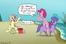 Size: 1630x1091 | Tagged: safe, artist:strebiskunk, fluttershy, pinkie pie, earth pony, kelpie, pegasus, pony, andrea libman, beach, bramble (duck tales), comic, crossover, dialogue, duck tales, duck tales 2017, female, funny, mare, ponies riding ponies, riding, sandcastle, seaside, speech bubble, text, this will end in death, this will end in friendship, this will end in pinkie antics, this will end in tears, this will end well, this will not end well, trio, voice actor joke