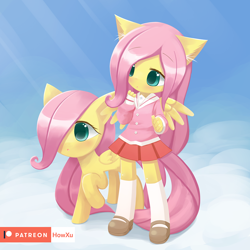 Size: 1000x1000 | Tagged: safe, artist:howxu, fluttershy, anthro, pegasus, pony, :o, anthro ponidox, anthro with ponies, blushing, clothes, cloud, crepuscular rays, cute, ear fluff, female, filly, filly fluttershy, hnnng, looking at something, mare, mary janes, miniskirt, open mouth, patreon, patreon logo, pleated skirt, raised hoof, school uniform, schoolgirl, self ponidox, shoes, shyabetes, skirt, sky, socks, spread wings, weapons-grade cute, wings, younger