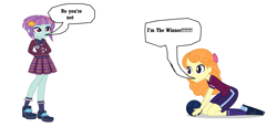 Size: 2460x1232 | Tagged: safe, orange sherbette, sunny flare, equestria girls, friendship games, argument, i'm the winner!, simple background, speech bubble, white background