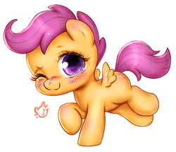 Size: 470x407 | Tagged: safe, artist:catmag, scootaloo, pegasus, pony, blushing, cute, cutealoo, female, filly, looking at you, one eye closed, simple background, solo, weapons-grade cute, white background, wink