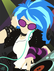 Size: 596x785 | Tagged: safe, artist:egophiliac, dj pon-3, vinyl scratch, human, bracelet, choker, headphones, humanized, solo, sunglasses, turntable, wip