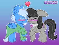 Size: 2100x1600 | Tagged: safe, artist:snakeythingy, octavia melody, oc, oc:lightning aura, earth pony, pony, blushing, boop, commission, gradient background, noseboop, story included