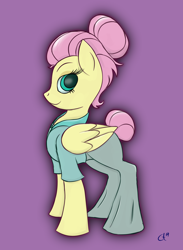 Size: 1928x2632 | Tagged: safe, artist:lux-arume, fluttershy, pegasus, pony, fake it 'til you make it, alternate hairstyle, clothes, hair bun, hoodie, looking at you, purple background, severeshy, simple background, solo