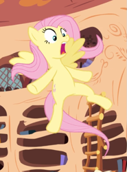 Size: 519x702 | Tagged: safe, screencap, fluttershy, pegasus, pony, magic duel, book, cropped, female, flying, golden oaks library, ladder, open mouth, screaming, solo, spread wings, wings