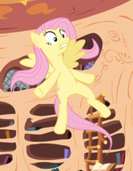 Size: 596x770 | Tagged: safe, screencap, fluttershy, pegasus, pony, magic duel, book, cropped, female, flying, golden oaks library, gritted teeth, ladder, mare, scared, solo, spread wings, underhoof, wide eyes, wings