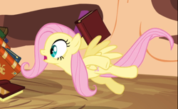 Size: 968x595 | Tagged: safe, screencap, fluttershy, pegasus, pony, magic duel, book, cropped, female, golden oaks library, mare, midair, open mouth, scared, solo, wide eyes