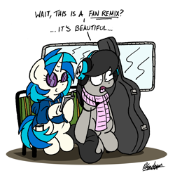 Size: 4318x4245 | Tagged: safe, artist:bobthedalek, dj pon-3, octavia melody, vinyl scratch, earth pony, pony, unicorn, atg 2019, bus seat, cello case, clothes, headphones, hoodie, music player, newbie artist training grounds, scarf