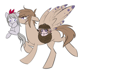 Size: 900x523 | Tagged: safe, artist:raindroplette, oc, oc only, oc:fable, oc:grimdark tales, oc:thistle, pegasus, pony, basket, father and child, father and daughter, female, filly, foal, male, mouth hold, parent and child, pony in a basket, simple background, stallion, white background