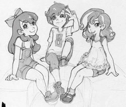 Size: 1000x847 | Tagged: safe, artist:x-arielle, apple bloom, scootaloo, sweetie belle, human, black and white, child, clothes, cutie mark crusaders, dungarees, female, girl, grayscale, human female, humanized, looking at you, monochrome, overalls, shirt, shoes, shorts, sitting, sketch, smiling, smiling at you, t-shirt, trio