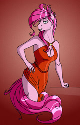 Size: 2028x3150 | Tagged: safe, artist:akweer, pinkie pie, anthro, earth pony, breasts, cleavage, clothes, dress, female, hand on hip, looking at you, mare, pinkamena diane pie, pinkie pies, red dress, smiling, solo