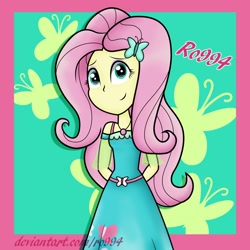 Size: 1500x1500 | Tagged: safe, artist:ro994, fluttershy, human, better together, equestria girls, 2018, clothes, dress, female, geode of fauna, hands behind back, magical geodes, smiling, solo