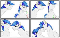 Size: 2100x1346 | Tagged: safe, artist:testostepone, oc, oc only, oc:turquoise, pegasus, pony, bedroom eyes, blushing, chest fluff, colored, comic, femboy, fluffy, looking at each other, looking back, male, piercing, self ponidox, selfcest, shipping, simple background, smug, straw, white background