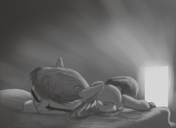 Size: 1788x1304 | Tagged: safe, artist:t72b, derpibooru exclusive, octavia melody, earth pony, pony, atg 2019, backlighting, bed, monochrome, newbie artist training grounds, prone, sleeping, solo, squishy cheeks, tired