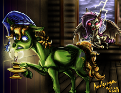 Size: 2786x2153 | Tagged: safe, artist:amalgamzaku, fluttershy, oc, oc:mark wells, bat pony, pegasus, pony, fanfic:off the mark, bat ponified, candle, candle holder, fanfic art, fangs, female, flutterbat, glowing eyes, hat, lightning, male, mare, nightcap, race swap, stallion