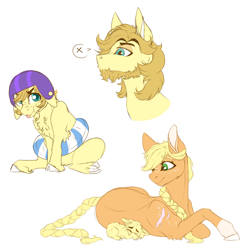 Size: 3122x3167 | Tagged: safe, artist:anyatrix, applejack, oc, oc:golden spruce, earth pony, pony, beard, bust, colt, facial hair, female, helmet, high res, inner tube, male, mother and child, mother and son, offspring, parent and child, parent:applejack, parent:prince blueblood, parents:bluejack, portrait, simple background, stallion, white background