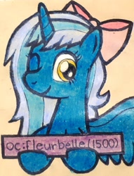 Size: 1465x1920 | Tagged: safe, artist:melisareb, oc, oc only, oc:fleurbelle, alicorn, pony, adorabelle, cute, derpibooru, female, looking at you, mare, meta, milestone, ocbetes, one eye closed, ribbon, solo, tags, traditional art, wink, winking at you