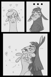 Size: 1242x1860 | Tagged: safe, artist:lockerobster, paprika paca, alpaca, llama, them's fightin' herds, blushing, comic, community related, crack shipping, crossover, crossover shipping, cute, disney, drool, emperor kuzco, floppy ears, fluffy, grayscale, heart, heart eyes, hug, joke shipping, kuzco, monochrome, one sided shipping, paprico, shipping, sigh, simple background, the emperor's new groove, white background, wingding eyes