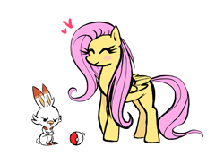 Size: 1280x890 | Tagged: safe, artist:neophyte-redglare, angel bunny, fluttershy, pegasus, pony, crossover, duo, female, heart, mare, pokemon generation 8, pokemon sword and shield, pokéball, pokémon, scorbunny, simple background, spoilers for another series, white background