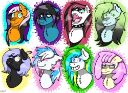 Size: 835x607 | Tagged: safe, artist:doodlepoodle812, oc, oc only, oc:cloudy night, oc:despy, oc:emala jiss, oc:emmy, oc:lightning dancer, oc:starbit, oc:sunrise, oc:vanilla swirl, pony, :3, :o, angry, bust, chest fluff, choker, collar, colored eyebrows, colored eyelashes, depressed, ear fluff, ear piercing, feather, female, freckles, gift art, glasses, group, heterochromia, long muzzle, looking at you, looking up, male, mouth piercings, no pupils, one eye closed, open mouth, piercing, sad, simple background, smiling, spiked choker, teeth, white background, wink