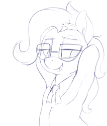 Size: 1698x1992 | Tagged: safe, artist:dimfann, grace manewitz, pony, semi-anthro, arm behind head, armpits, bipedal, ear fluff, female, glasses, grace manewitz is an armpit slut, mare, monochrome, open mouth, pencil, simple background, sketch, smiling, solo, white background