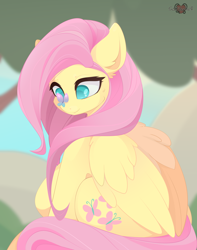 Size: 3000x3800 | Tagged: safe, artist:xsatanielx, fluttershy, butterfly, pegasus, pony, butterfly on nose, cross-eyed, cute, female, insect on nose, looking at something, mare, rcf community, shyabetes, sitting, smiling, solo, wings