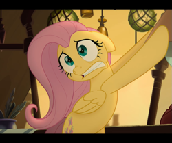 Size: 1123x937 | Tagged: safe, screencap, fluttershy, pegasus, pony, my little pony: the movie, bipedal, cropped, female, floppy ears, mare, scared, solo, teeth