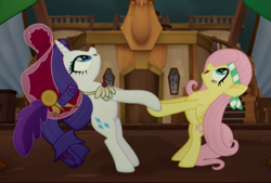 Size: 729x492 | Tagged: safe, screencap, fluttershy, rarity, pegasus, pony, unicorn, my little pony: the movie, bipedal, cropped, dancing, female, hat, headband, holding hooves, mare, open mouth, smiling