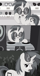 Size: 640x1206 | Tagged: safe, artist:herooftime1000, dj pon-3, vinyl scratch, pony, unicorn, dj booth, forest, glasses, monochrome, octavia in the underworld's cello, pixel art