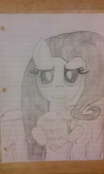 Size: 692x1154 | Tagged: safe, artist:gameplay the pony, fluttershy, pegasus, pony, bipedal, cute, daaaaaaaaaaaw, female, heart, hearts and hooves day, holding, holiday, hoof hold, irl, kindness, lidded eyes, lined paper, looking at you, mare, monochrome, pencil drawing, photo, shyabetes, smiling, solo, spread wings, text, traditional art, valentine's day, wings