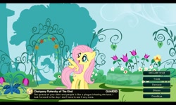 Size: 1280x768 | Tagged: safe, fluttershy, pegasus, pony, civilization, civilization v, dissonant caption, female, flower, garden, grimcute, happy, looking back, mare, nuclear gandhi, open mouth, smiling, spread wings, text, this will end in death, this will end in tears, this will end in tears and/or death, wings