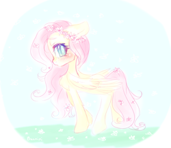 Size: 1280x1107 | Tagged: safe, artist:bunnini, fluttershy, pegasus, pony, blushing, chest fluff, cute, female, floral head wreath, flower, flower in hair, flower in tail, leg fluff, mare, profile, shyabetes, solo