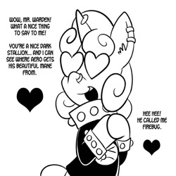 Size: 576x576 | Tagged: safe, artist:pembroke, sweetie belle, oc, oc:warden, pony, dialogue, heart, heart eyes, meanie belle, monochrome, simple background, solo, white background, wingding eyes