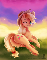 Size: 900x1157 | Tagged: safe, artist:guinefurrie, applejack, earth pony, pony, applebutt, cowboy hat, cutie mark, female, freckles, grass, hat, looking at you, looking back, on side, one eye closed, plot, rear view, sexy, smiling, solo, stars, stetson, stupid sexy applejack, sunset, underhoof, wink