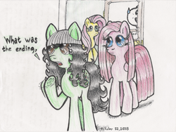 Size: 3360x2520 | Tagged: safe, artist:fascismnotincluded, fluttershy, pinkie pie, oc, oc:sour, earth pony, pegasus, pony, beanie, female, hat, mare, pinkamena diane pie, traditional art