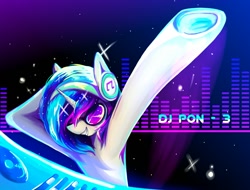 Size: 1200x914 | Tagged: safe, artist:seamaggie, dj pon-3, vinyl scratch, pony, unicorn, female, headphones, mare, smiling, solo, sunglasses, turntable