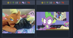 Size: 1125x586 | Tagged: safe, edit, edited screencap, screencap, ms. harshwhinny, spike, dragon, earth pony, pony, derpibooru, female, jutaxposition, male, mare, meta, plushie, shrunken pupils