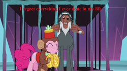 Size: 1279x718 | Tagged: safe, artist:nukarulesthehouse1, edit, edited screencap, screencap, lord tirek, pinkie pie, earth pony, pony, school raze, cage, caption, clothes, costume, cruel and unusual punishment, cymbal monkey, cymbals, eye twitch, funny, grammar error, torture