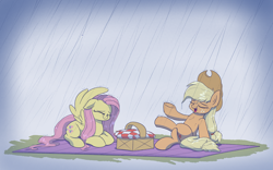 Size: 3200x2000 | Tagged: safe, artist:heir-of-rick, applejack, fluttershy, earth pony, pegasus, pony, appleshy, appleshybomb, basket, cowboy hat, eyes closed, female, hat, lesbian, mare, picnic, picnic basket, rain, shipping, wing hands