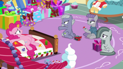 Size: 1280x720 | Tagged: safe, screencap, boulder (pet), limestone pie, marble pie, maud pie, pinkie pie, earth pony, pony, best gift ever, present