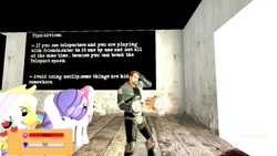 Size: 1366x768 | Tagged: safe, applejack, fluttershy, pinkie pie, rarity, earth pony, pegasus, pony, unicorn, 3d, blindfold, bright, game, glasses, gmod, gordon freeman, gravity gun, half-life, hud, map, npc