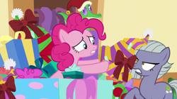 Size: 1280x720 | Tagged: safe, screencap, gummy, limestone pie, pinkie pie, earth pony, pony, best gift ever, duo, duo female, female, present, siblings, sisters