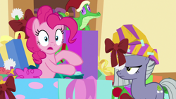 Size: 1280x720 | Tagged: safe, screencap, gummy, limestone pie, pinkie pie, earth pony, pony, best gift ever, hat, present