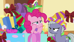 Size: 1280x720 | Tagged: safe, screencap, gummy, limestone pie, pinkie pie, earth pony, pony, best gift ever, hat, present